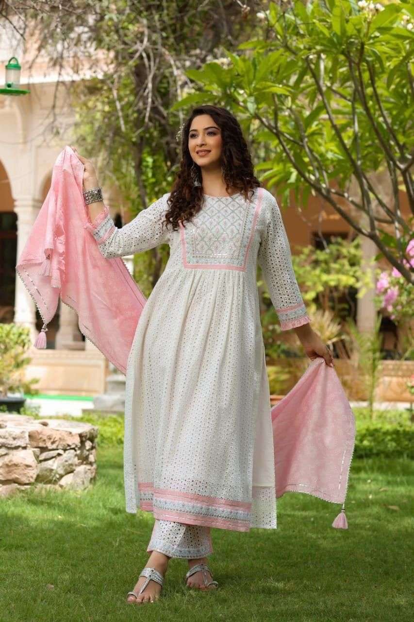 Women's Cotton Embroidered Nayra Cut Kurti With Pant and Dupatta Set - Image 4