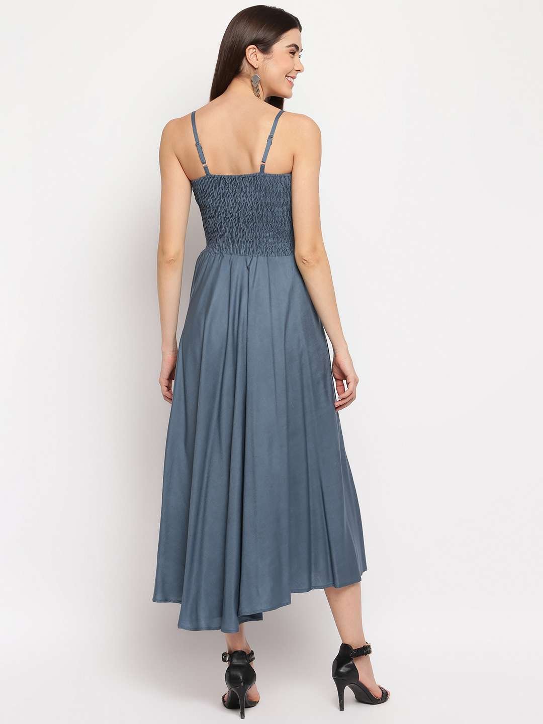 Women's Viscose Rayon Solid Shoulder Straps Sleeveless Flared Gown Drees (Grey) - Image 2