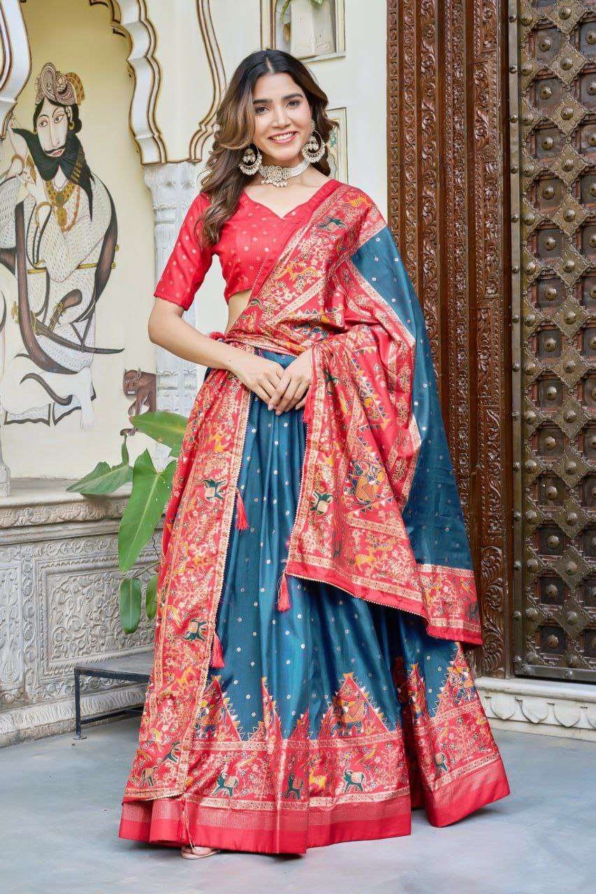 Teal Blue Dola Silk Lehenga Choli with Red Blouse | Bandhej & Ajarakh Print | Wedding & Festive Wear
