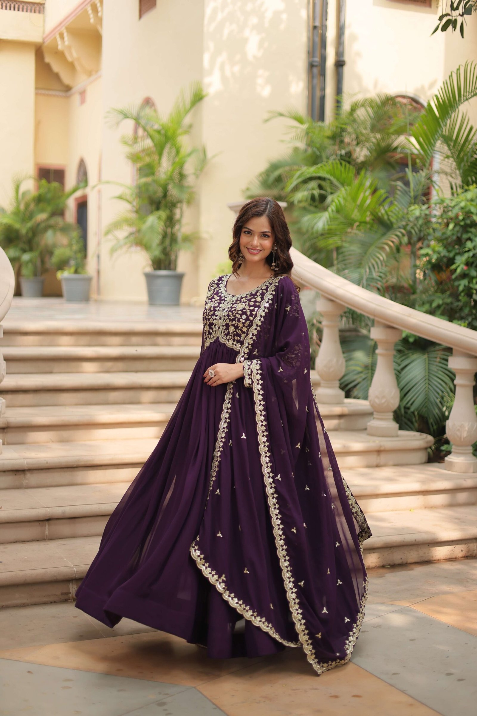 Wine Faux Blooming Sequins & Zari Embroidered Gown with Matching Dupatta - Image 3