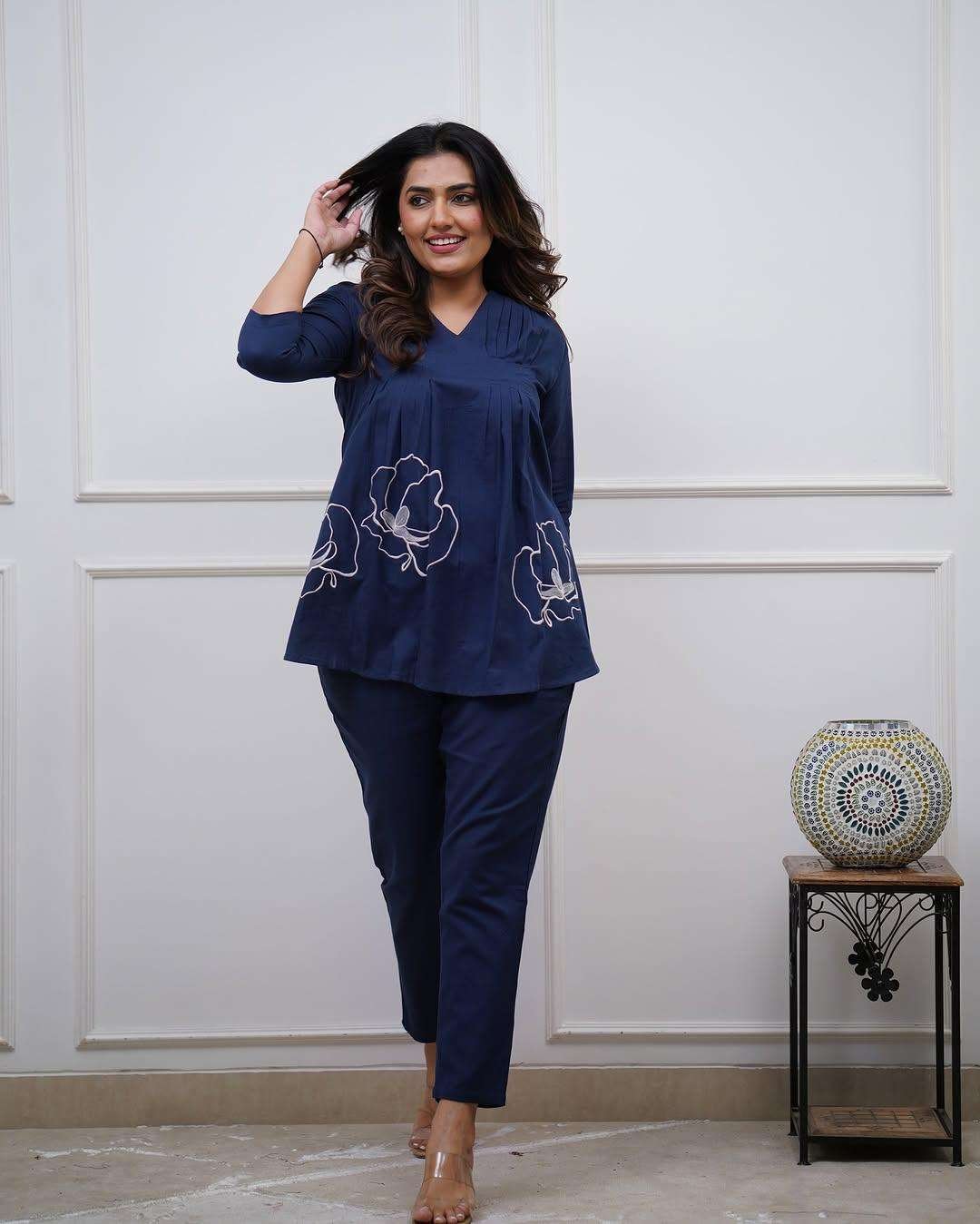 Women's Cotton Rose Printed Short Anarkali Kurta with Pant Western wear Cord Set
